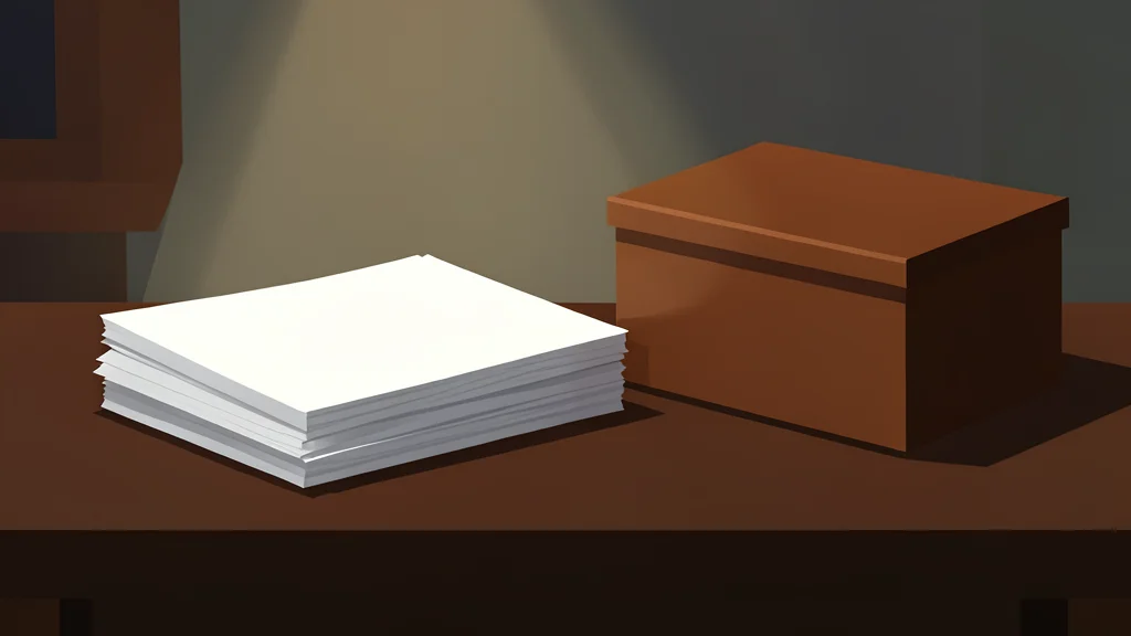 A stack of blank paper ballots and a wooden ballot box in a dimly lit room