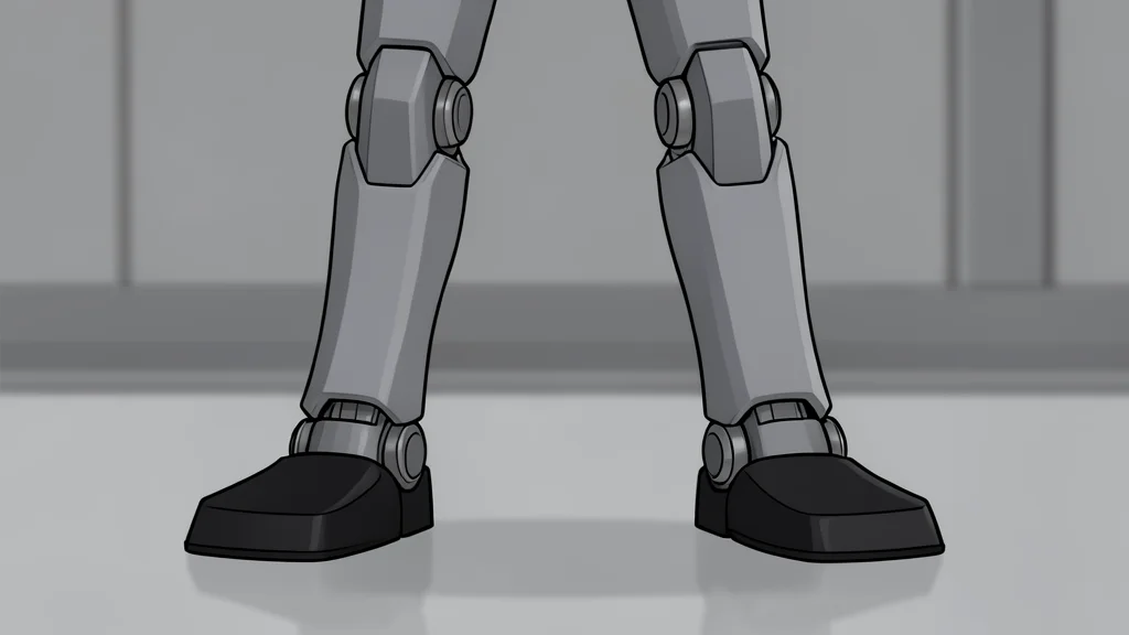 A bipedal humanoid robot standing on a polished industrial floor