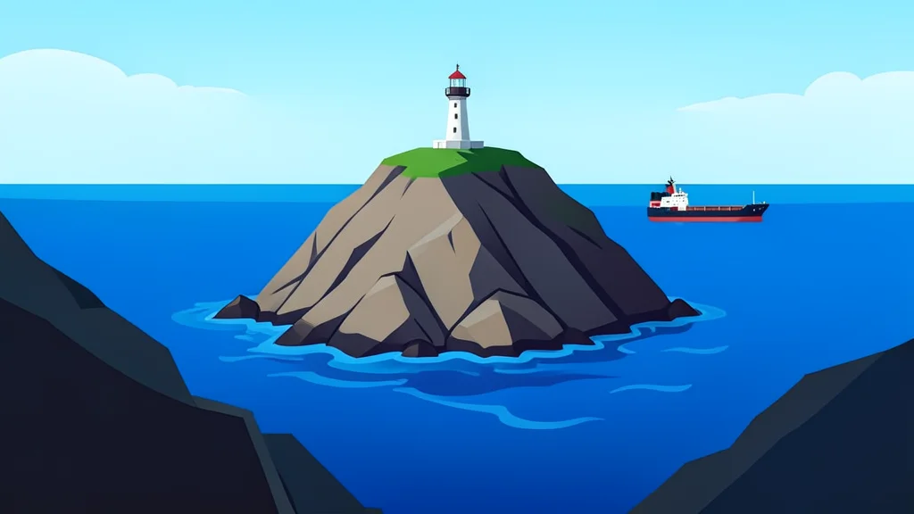A rocky island rising from deep blue waters with a lighthouse on the peak and a cargo ship in the distance.