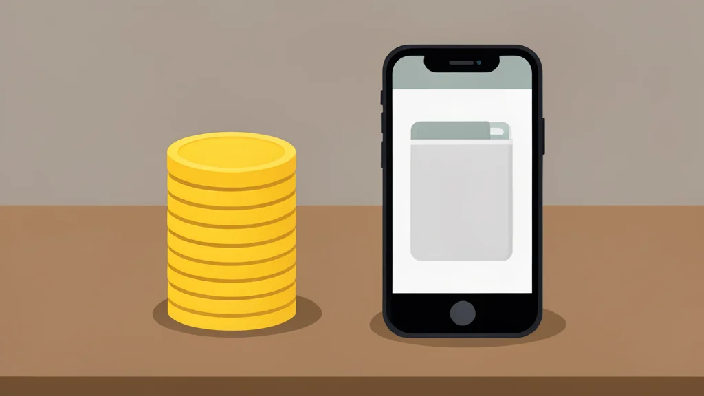 A stack of physical coins and a digital wallet interface on a desk