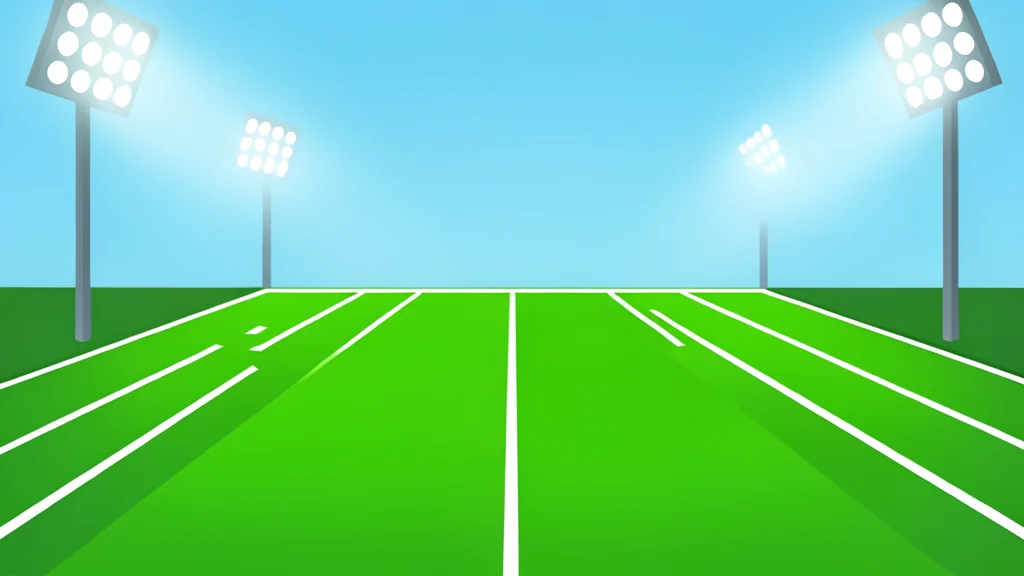 A green football field with white yard lines stretching into the distance under stadium lights