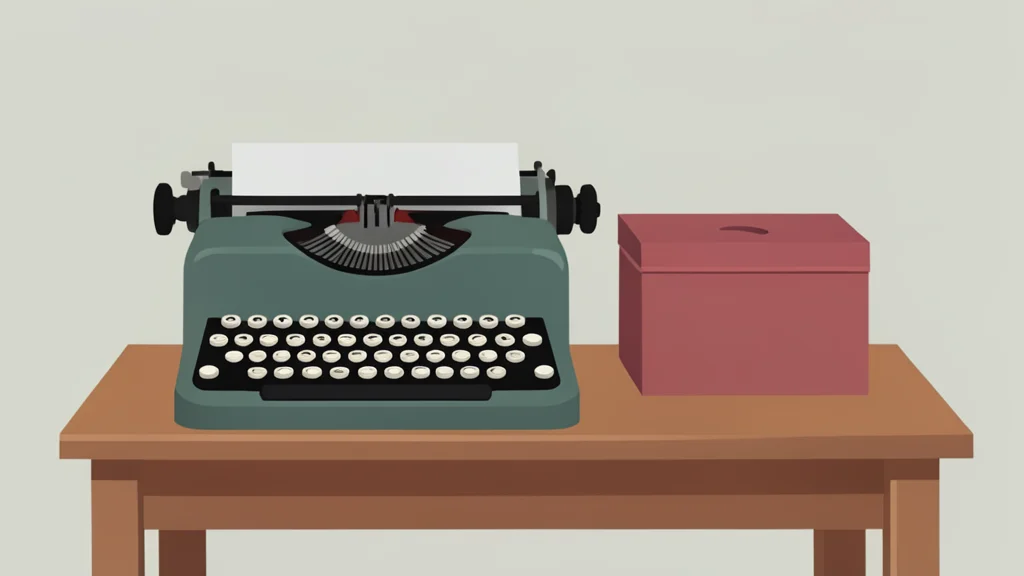 A vintage typewriter and a ballot box resting on a wooden desk.