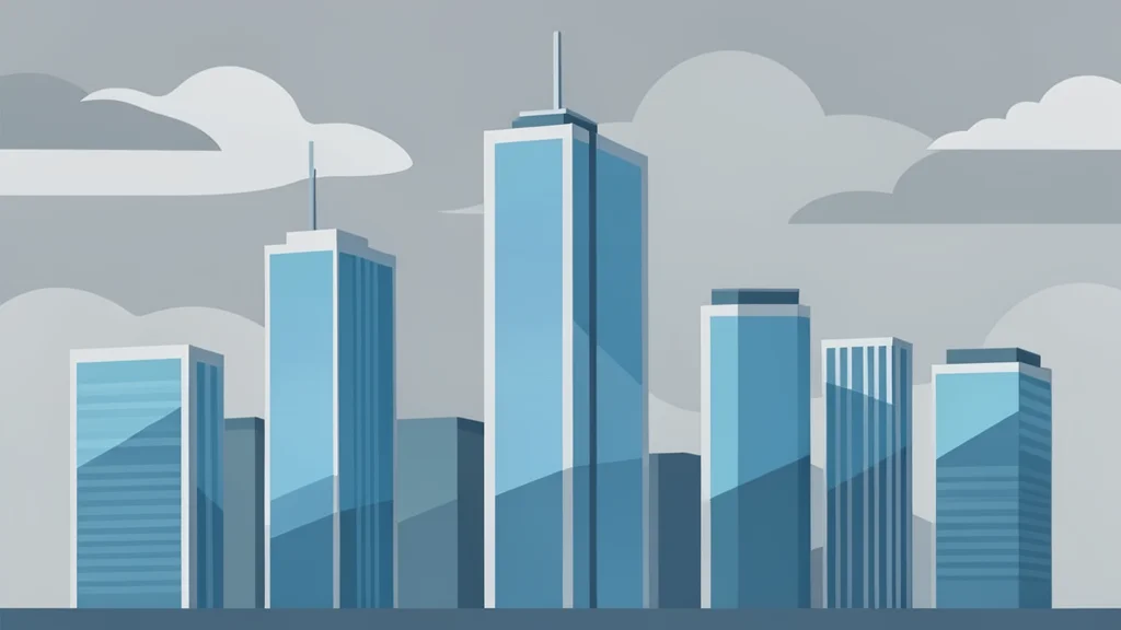 A view of a modern city skyline with glass skyscrapers reflecting a cloudy sky