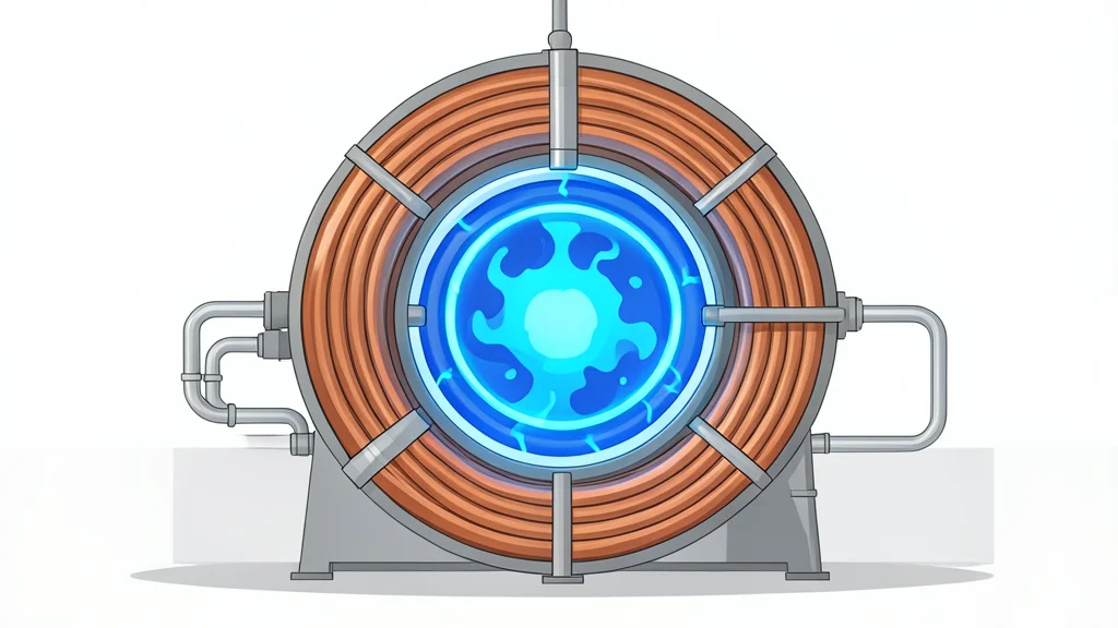 A large, complex toroidal machine with glowing plasma inside a vacuum chamber, surrounded by thick copper coils and cooling pipes in a sterile laboratory setting.