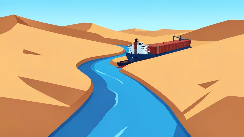 A narrow, winding waterway cutting through arid desert terrain with a large tanker ship navigating the channel