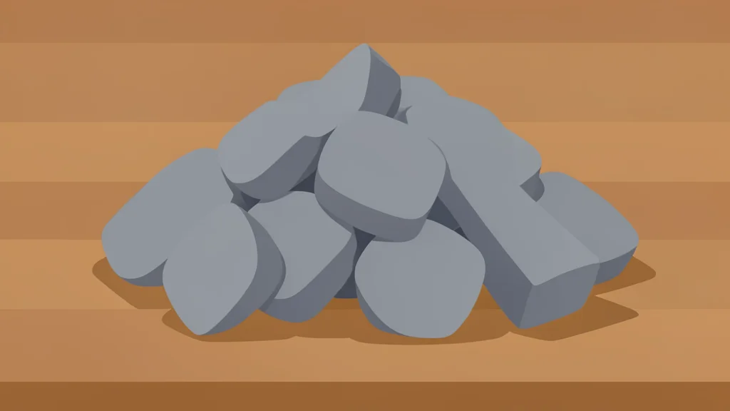 A pile of grey metallic ingots on a wooden table
