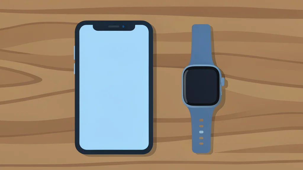 A smartphone resting on a wooden table next to a smartwatch