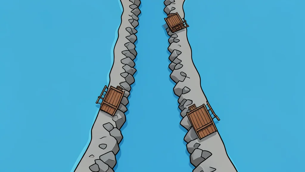 A flat-vector illustration of a narrow rocky strait connecting two large bodies of water with small wooden boats crossing the channel.