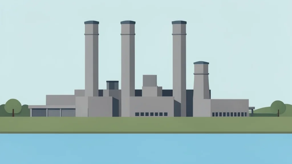A large industrial facility with tall cylindrical towers and cooling structures situated near a river