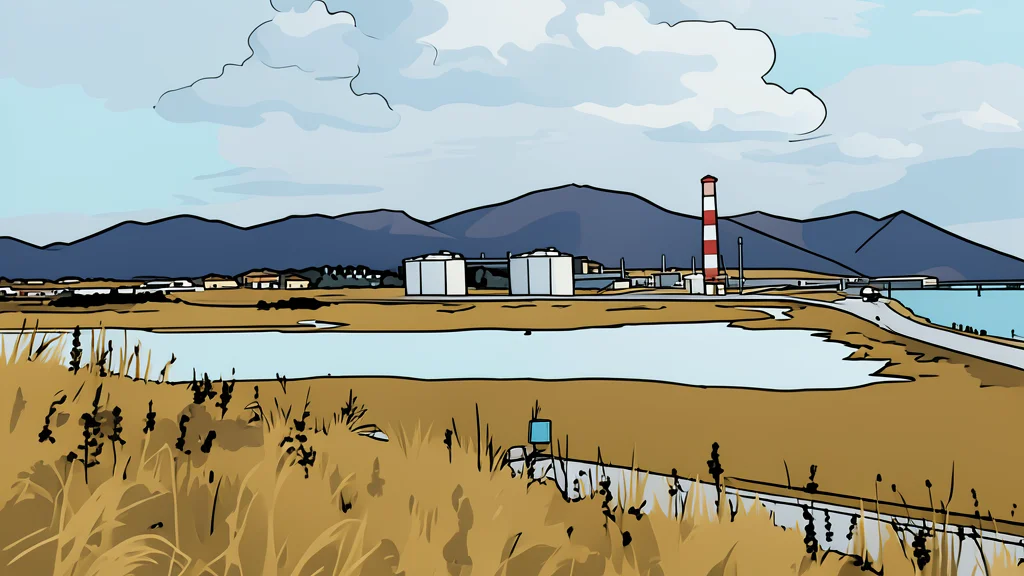 A coastal industrial landscape featuring large spherical gas storage tanks and extensive piping networks situated near a body of water.