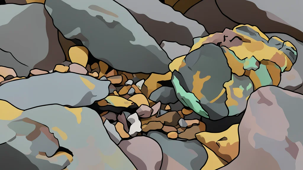 A rugged, rocky outcrop in a northern forest landscape with exposed mineral veins