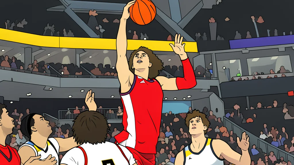 A large indoor basketball arena with polished hardwood floors and empty seating sections