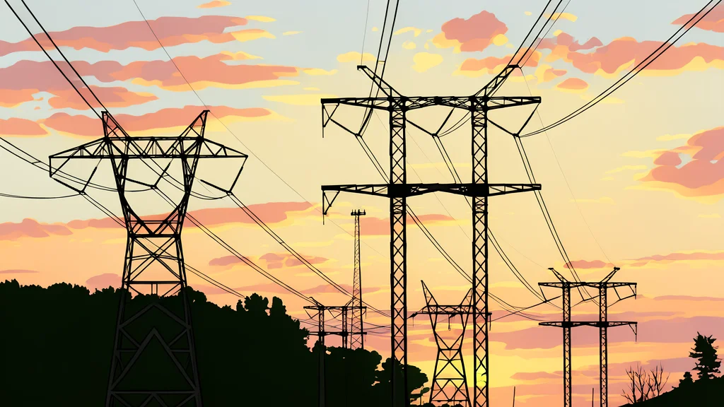 A large industrial natural gas power plant with cooling towers and transmission lines against a clear sky