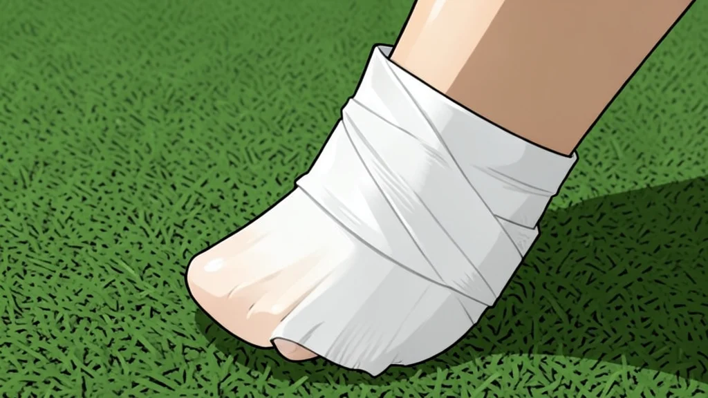 A close-up of a white athletic ankle brace strapped around a foot, resting on a green artificial turf surface.