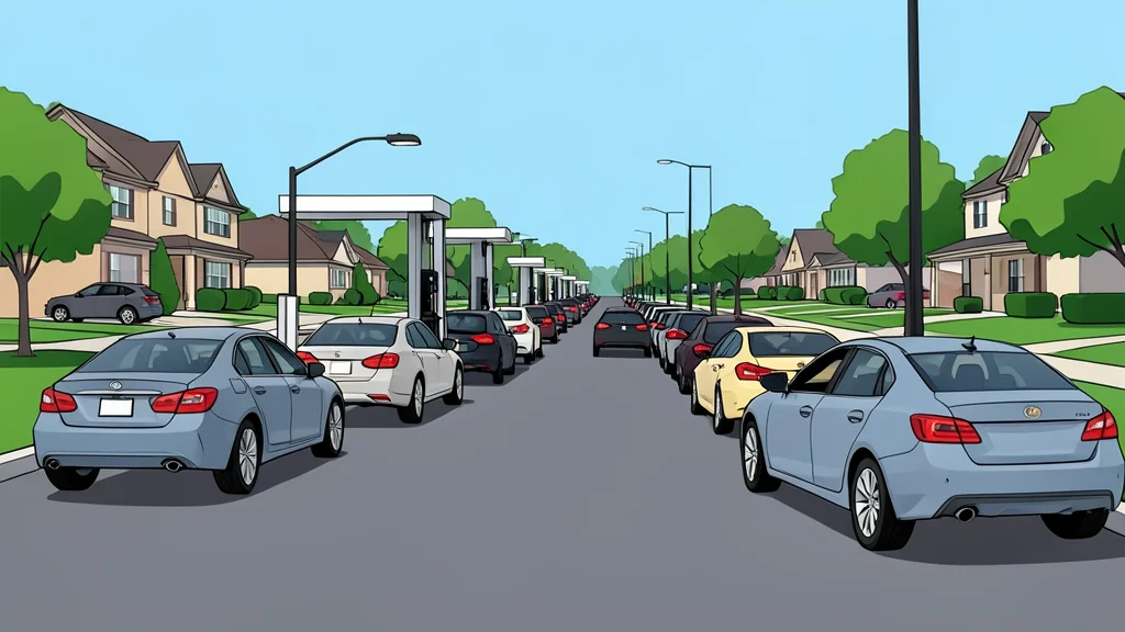 A long line of cars waiting at a fuel pump in a suburban setting