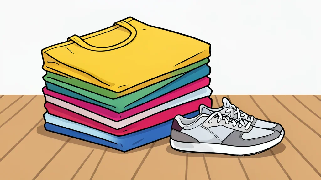 A neatly folded stack of colorful fabric bags and a pair of casual sneakers on a wooden floor
