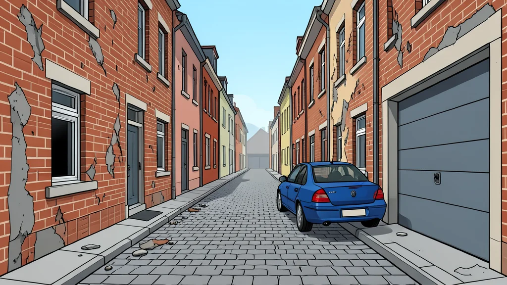 A narrow cobblestone street in a small European town lined with brick buildings showing signs of shelling damage, with a blue sedan parked near a garage entrance.
