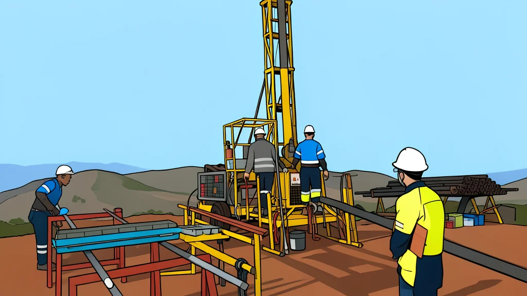 A heavy industrial drilling rig standing on a dusty, open landscape