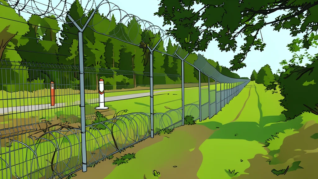 A flat vector illustration of a military training ground featuring rows of camouflage tents and a distant border fence under a clear sky.
