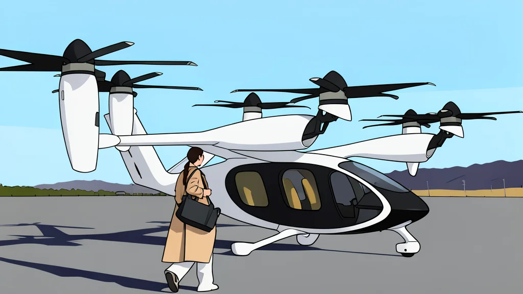 A sleek, futuristic electric aircraft hovering silently above a modern city skyline at dusk