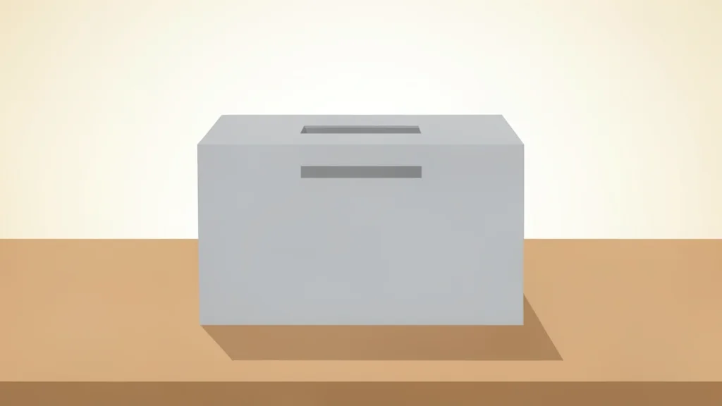 A simple ballot box with a slot for inserting paper ballots sitting on a wooden table in a bright room.