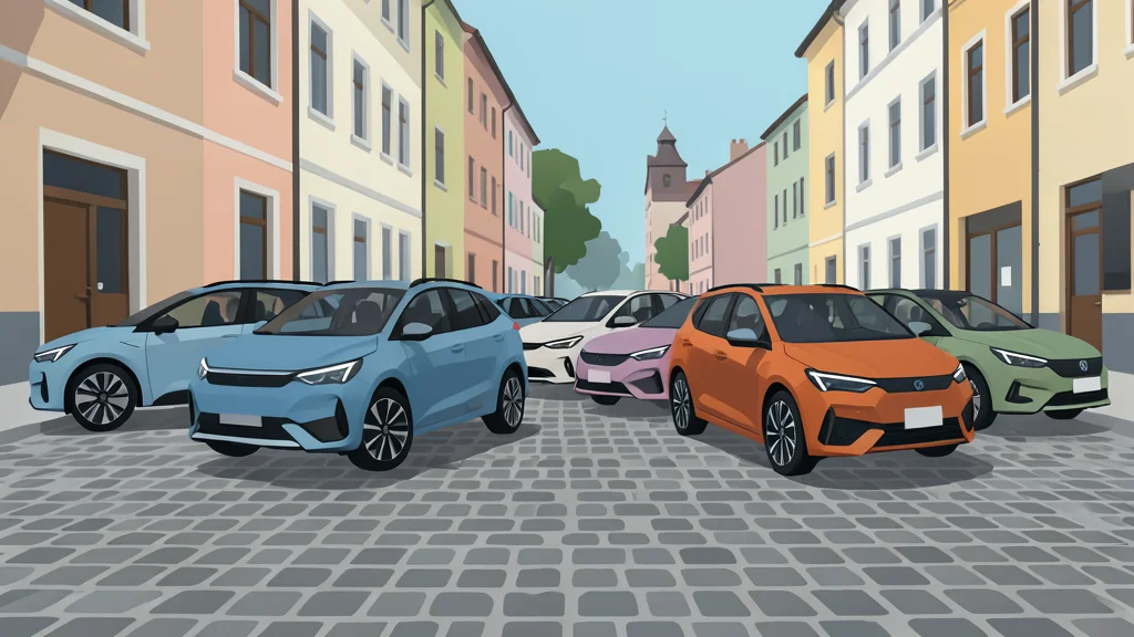A row of modern electric vehicles parked on a cobblestone street in a European city
