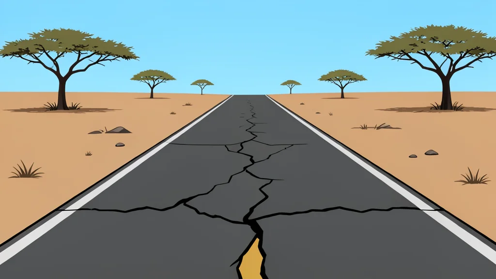 A cracked asphalt road stretching through a dry, dusty landscape with sparse acacia trees in the distance