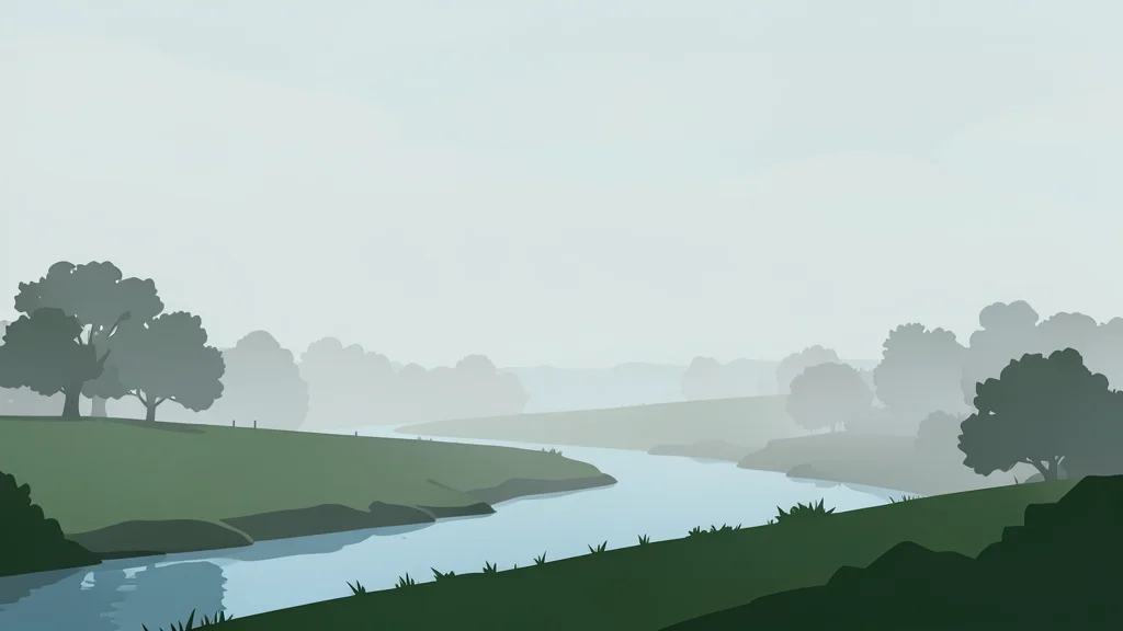 A dense fog rolling over a rural landscape with a river and distant tree lines