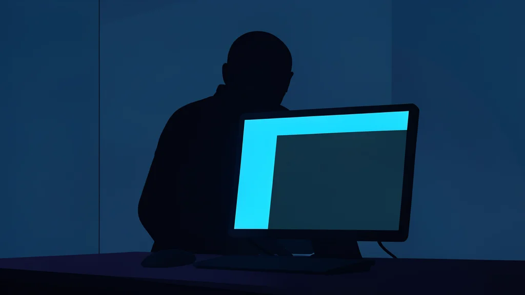 A dark, shadowy figure stands behind a glowing computer monitor in a dimly lit room