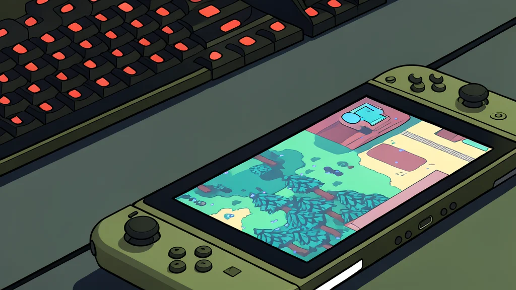 A retro handheld game console resting on a wooden desk next to a mechanical keyboard