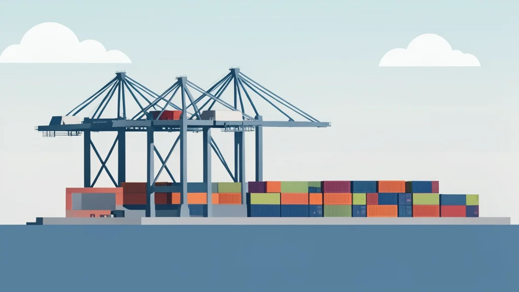 A large industrial port facility with cranes and shipping containers situated on a coastline