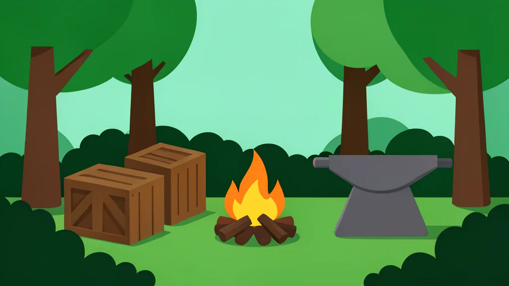 A pixel-art illustration of a small, cozy campfire surrounded by wooden crates and a blacksmith's anvil in a forest clearing.