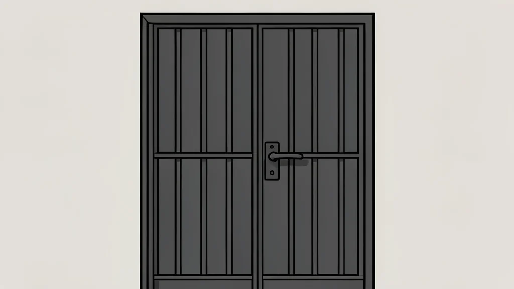 A closed heavy wooden door with vertical iron bars in the foreground.