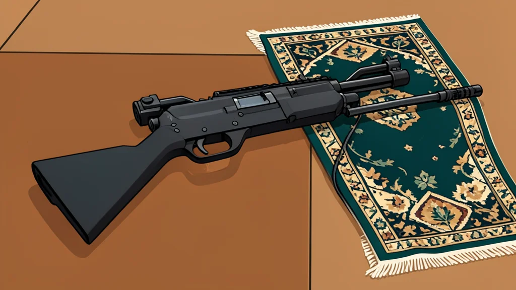 A semiautomatic rifle resting on a wooden table next to a prayer rug