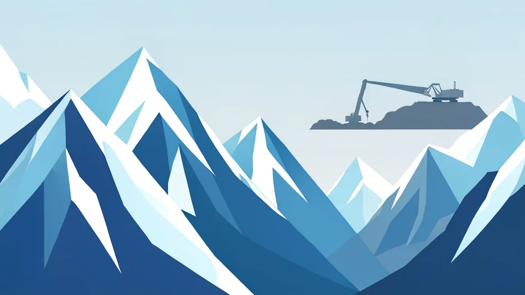 A rugged, icy mountain landscape with exposed rock faces and a distant mining exploration site