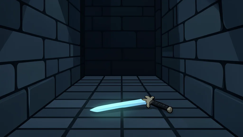 A dark stone dungeon corridor with a grid-patterned floor and a glowing sword resting on the ground