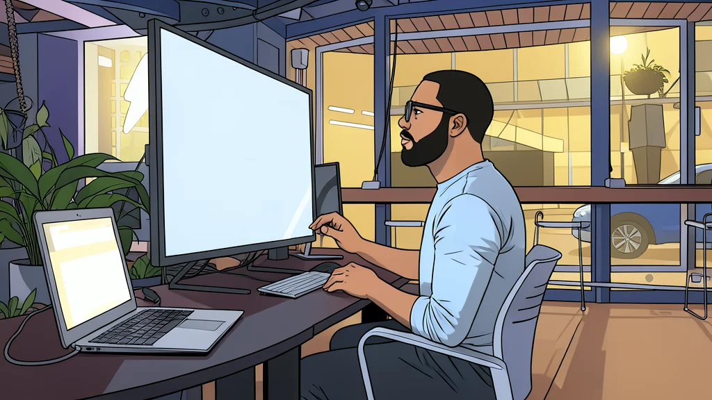 A clean, flat-vector illustration of a server room aisle with rows of blinking status lights.