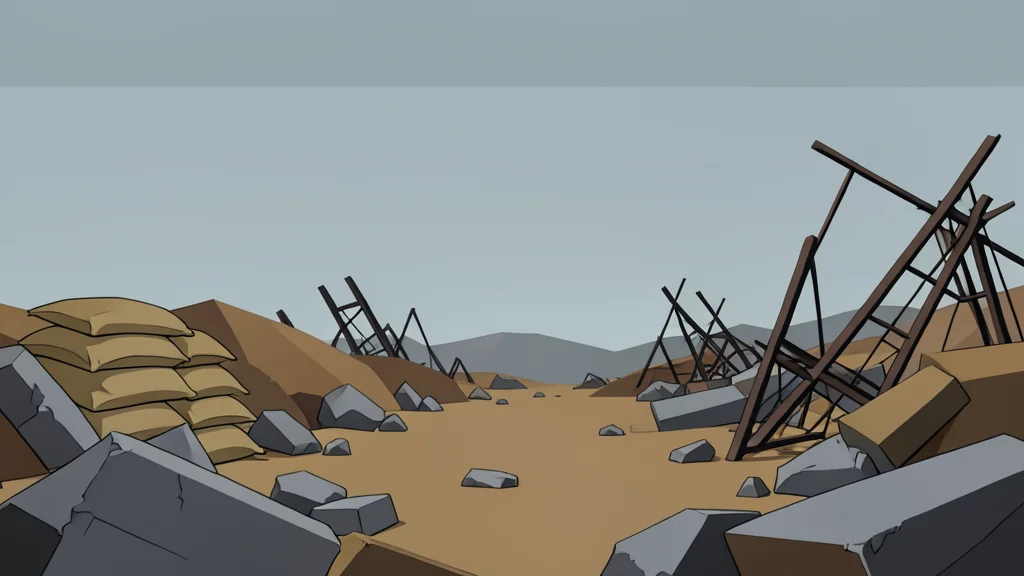 A chaotic battlefield scene with scattered debris and sandbags