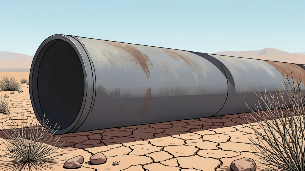 A long, silver metal pipe stretching across a dry, dusty landscape