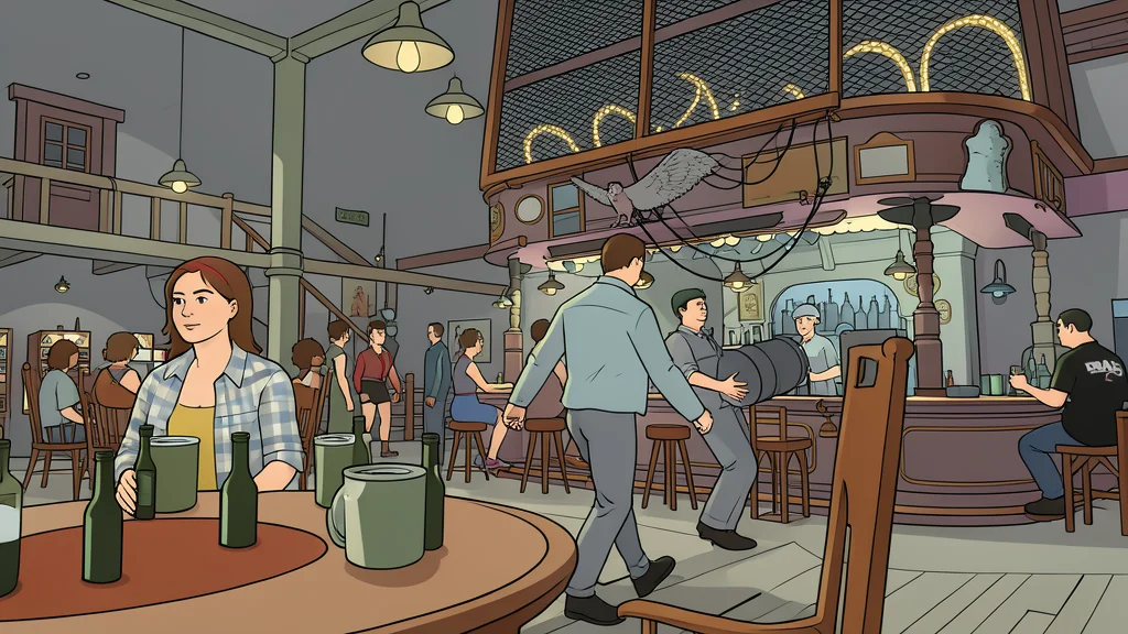 A dusty roadside bar interior with a worn wooden counter and vintage stools under warm, dim lighting.