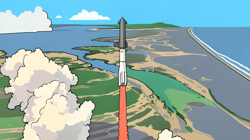 A massive white rocket standing vertically on a concrete launch pad in a desert landscape