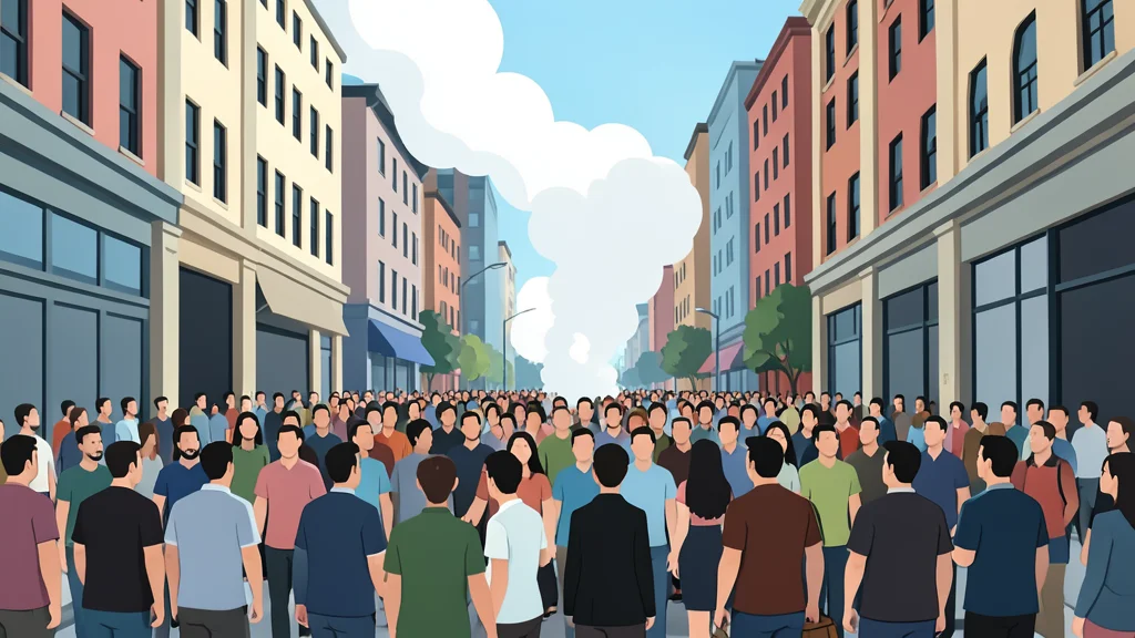 A dense crowd of people gathered in a city street, with a plume of white smoke rising from the ground