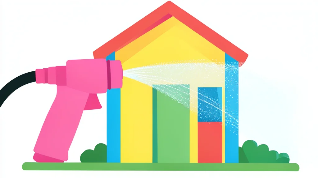 A pink handheld pressure washer nozzle spraying a fine mist of water onto a colorful plastic toy house facade.