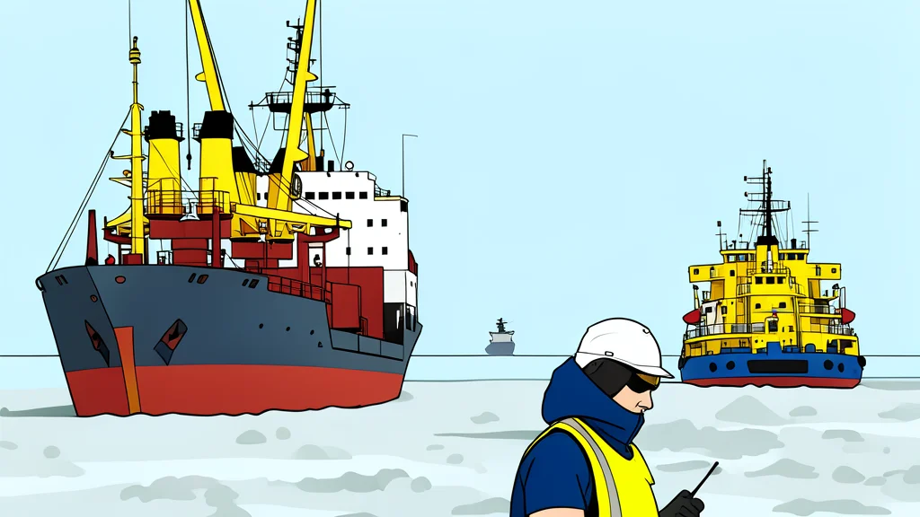 A large icebreaker ship navigating through a frozen, white arctic sea