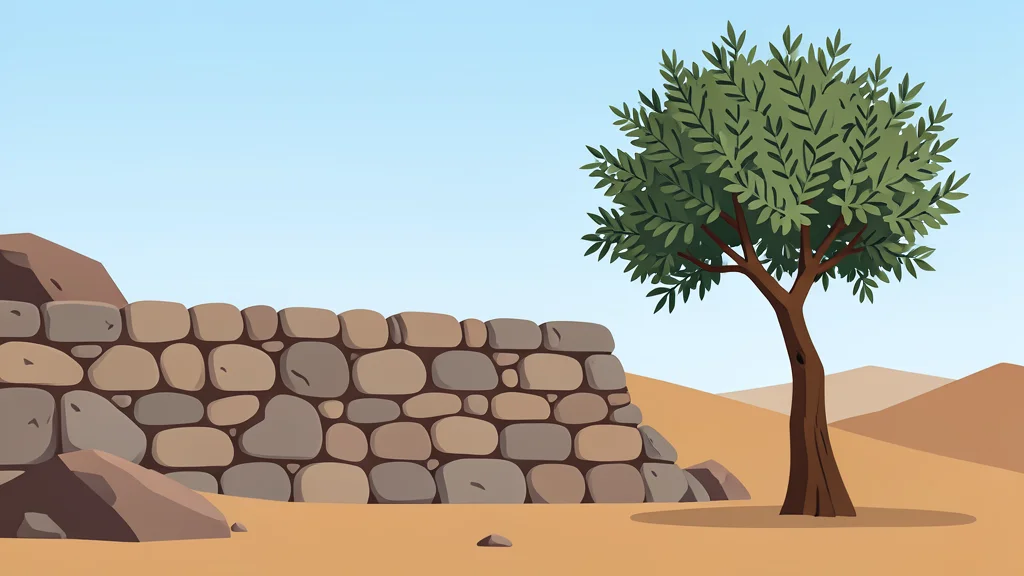 A stone wall in a dry, rocky landscape with a single olive tree growing beside it