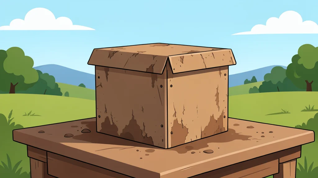 A weathered ballot box sitting on a dusty table in a rural landscape