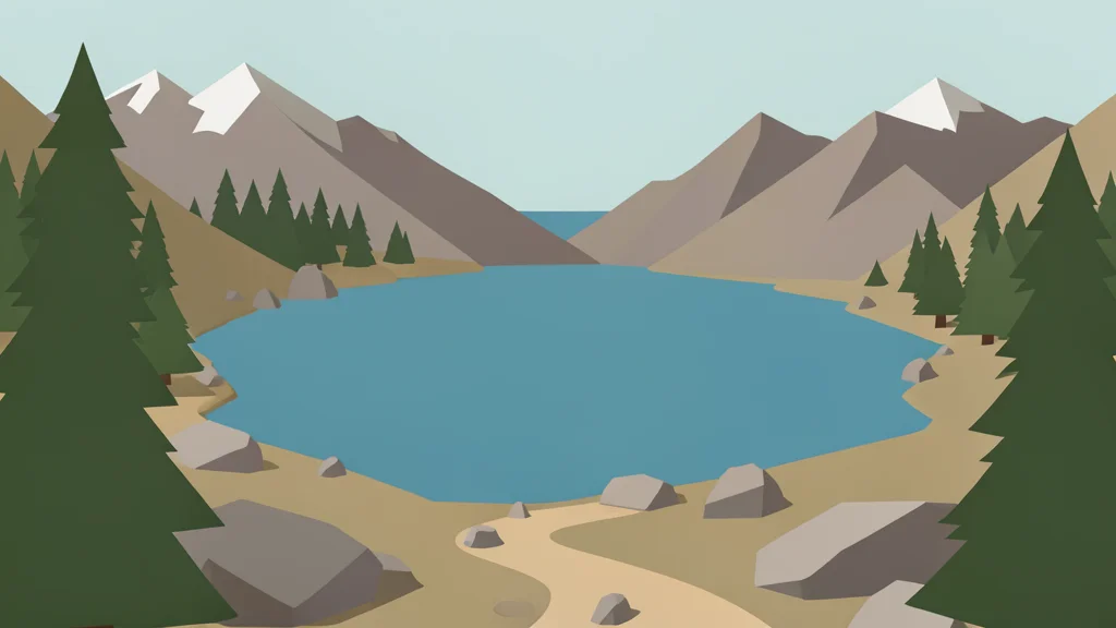 A high-altitude mountain lake surrounded by rocky trails and pine trees