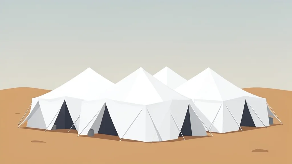 A cluster of simple white canvas tents set up on dry, dusty ground under a hazy sky