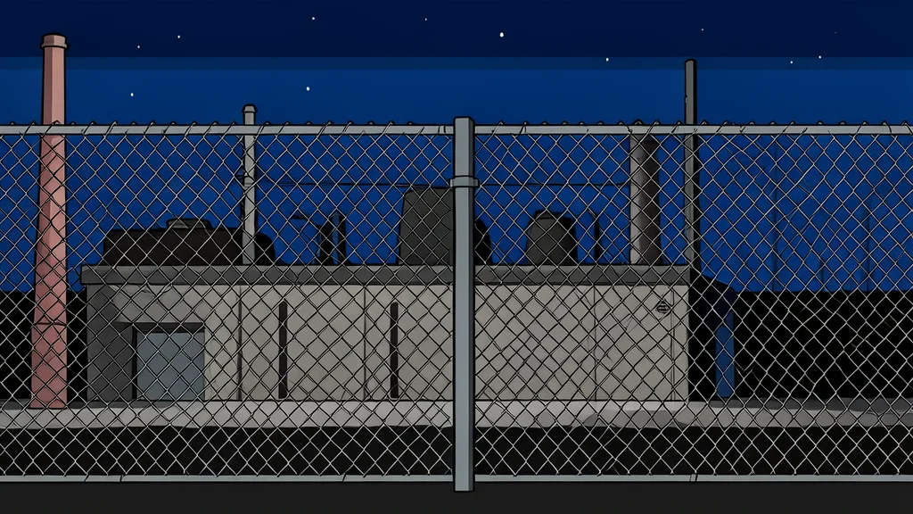 A chain-link fence surrounding an industrial facility at night