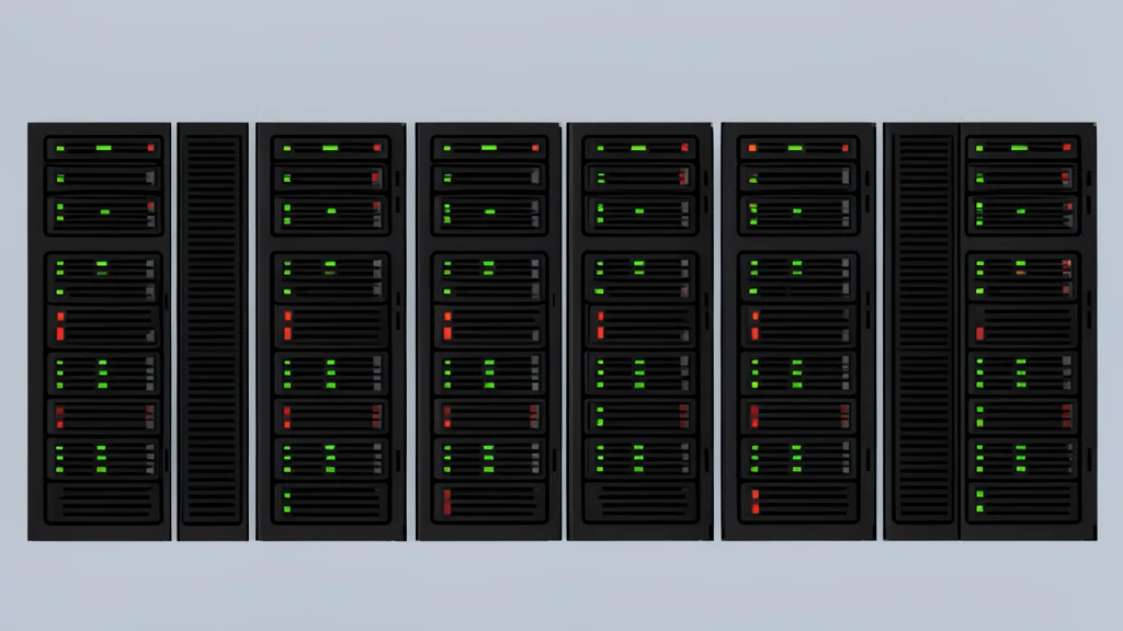 A server room with rows of black computer towers and blinking status lights